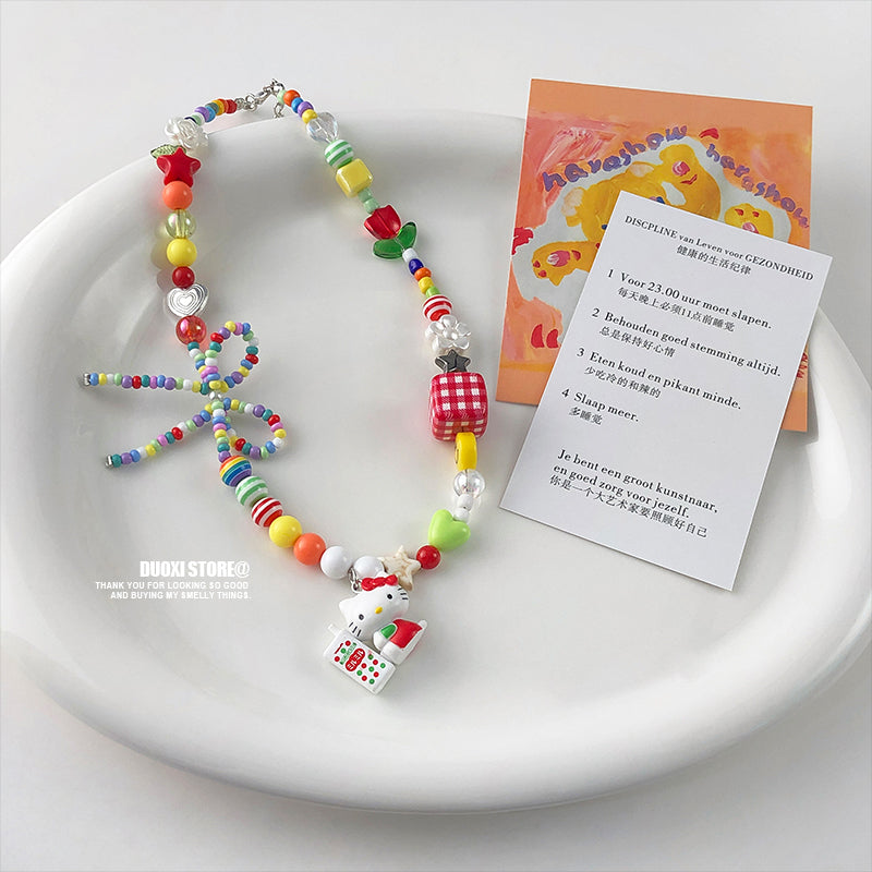 DuoXi - Kawaii Necklace HelloKitty Bow Beaded Choker necklace DuoXi