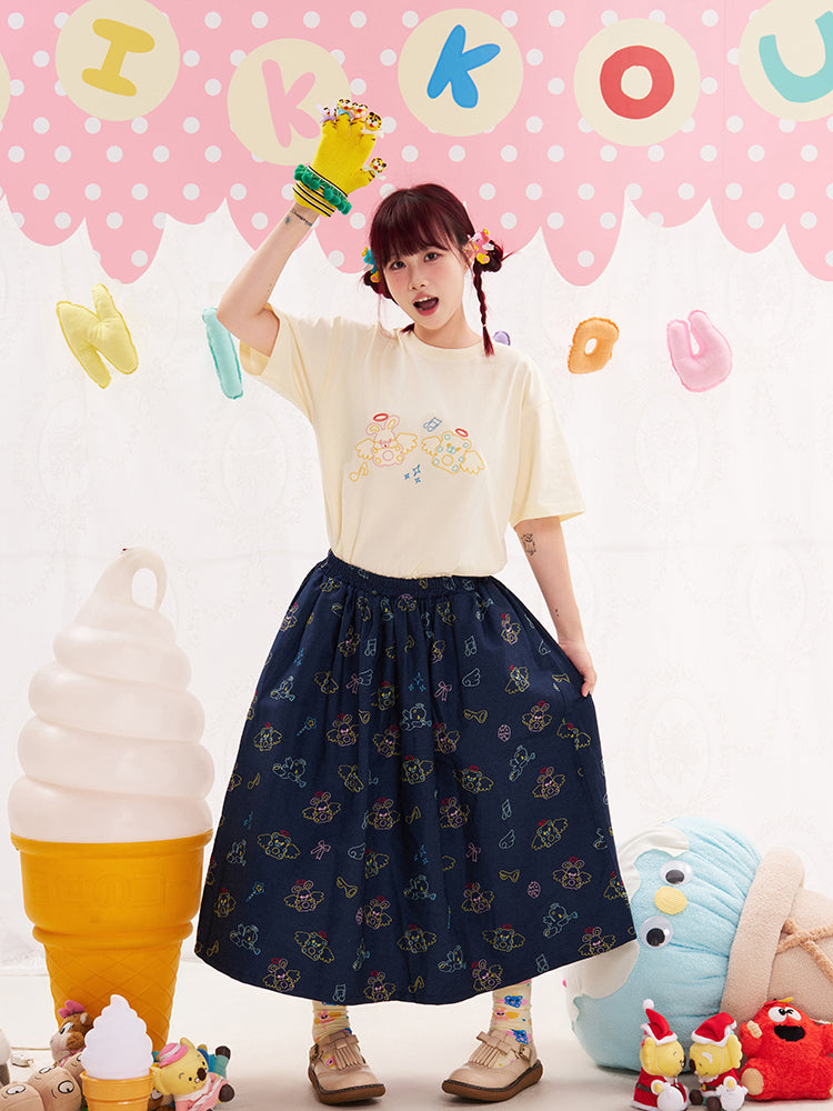 NIKKOU Cute Japanese Style A-Line Skirt | Harajuku Animal Angel Embroidered Denim Skirt skirt Nikkou home
