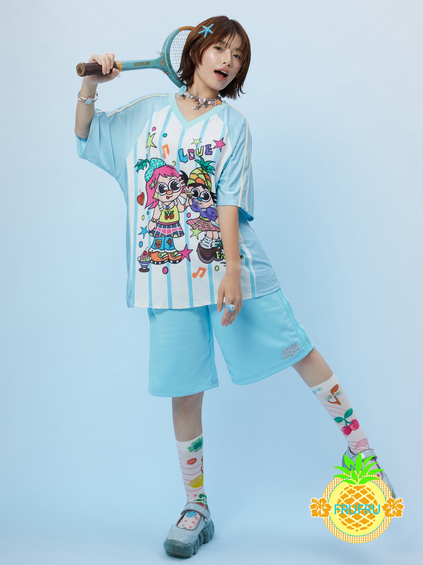 FruFru - Kawaii Baseball Tee Loose Fit Contrast Sleeves tshirt frufru