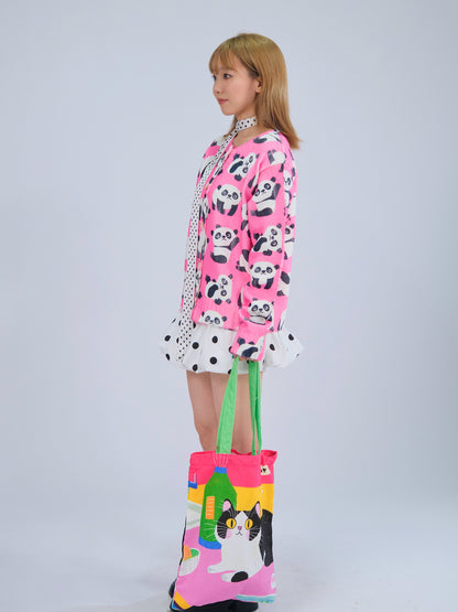 MeowMeow Bug - Kawaii Pink Panda Knit Cardigan Cropped Soft Slim Fit