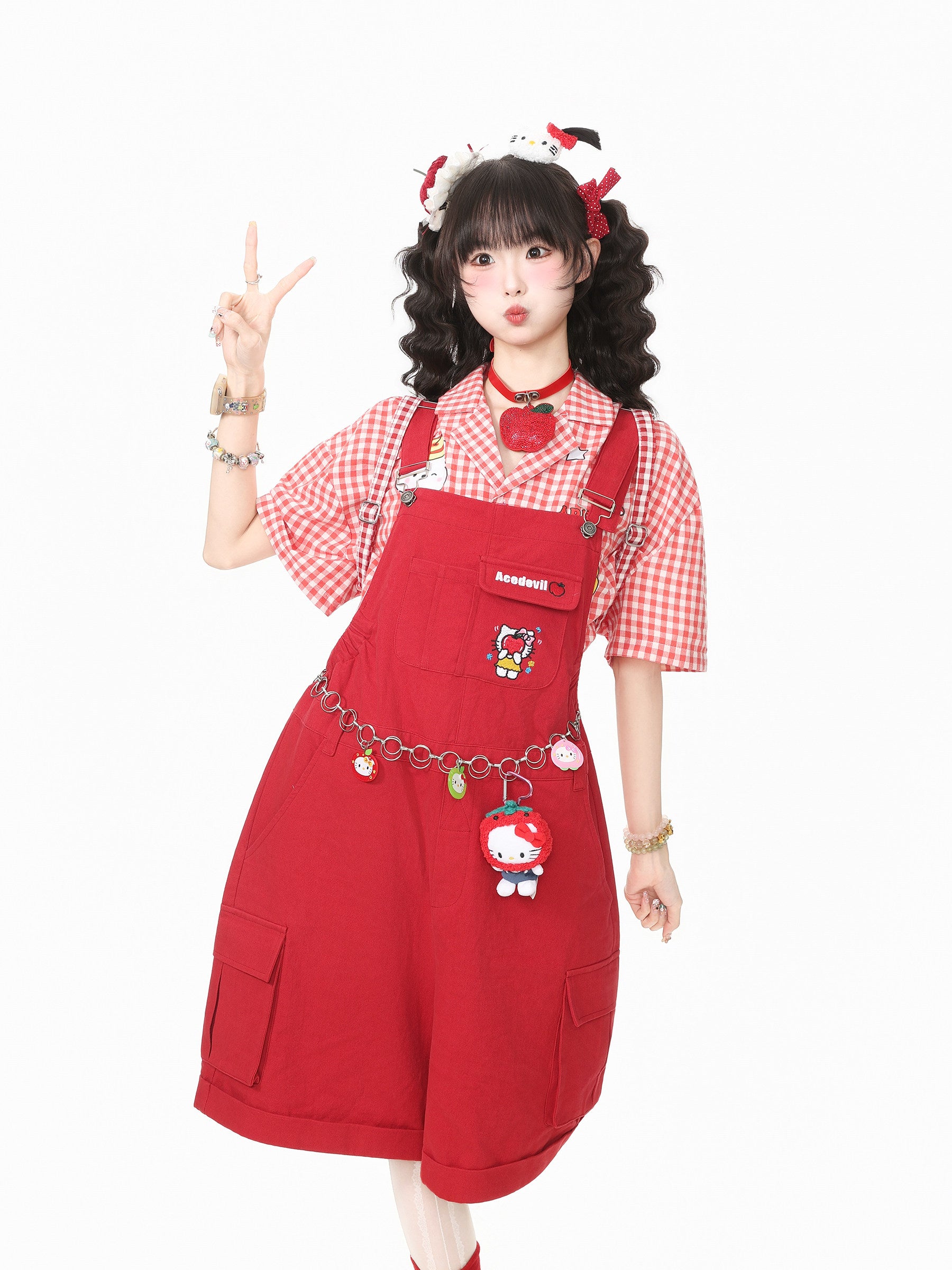 Languid Park - Red Cat Embroidered Denim Overalls overall Languid Park