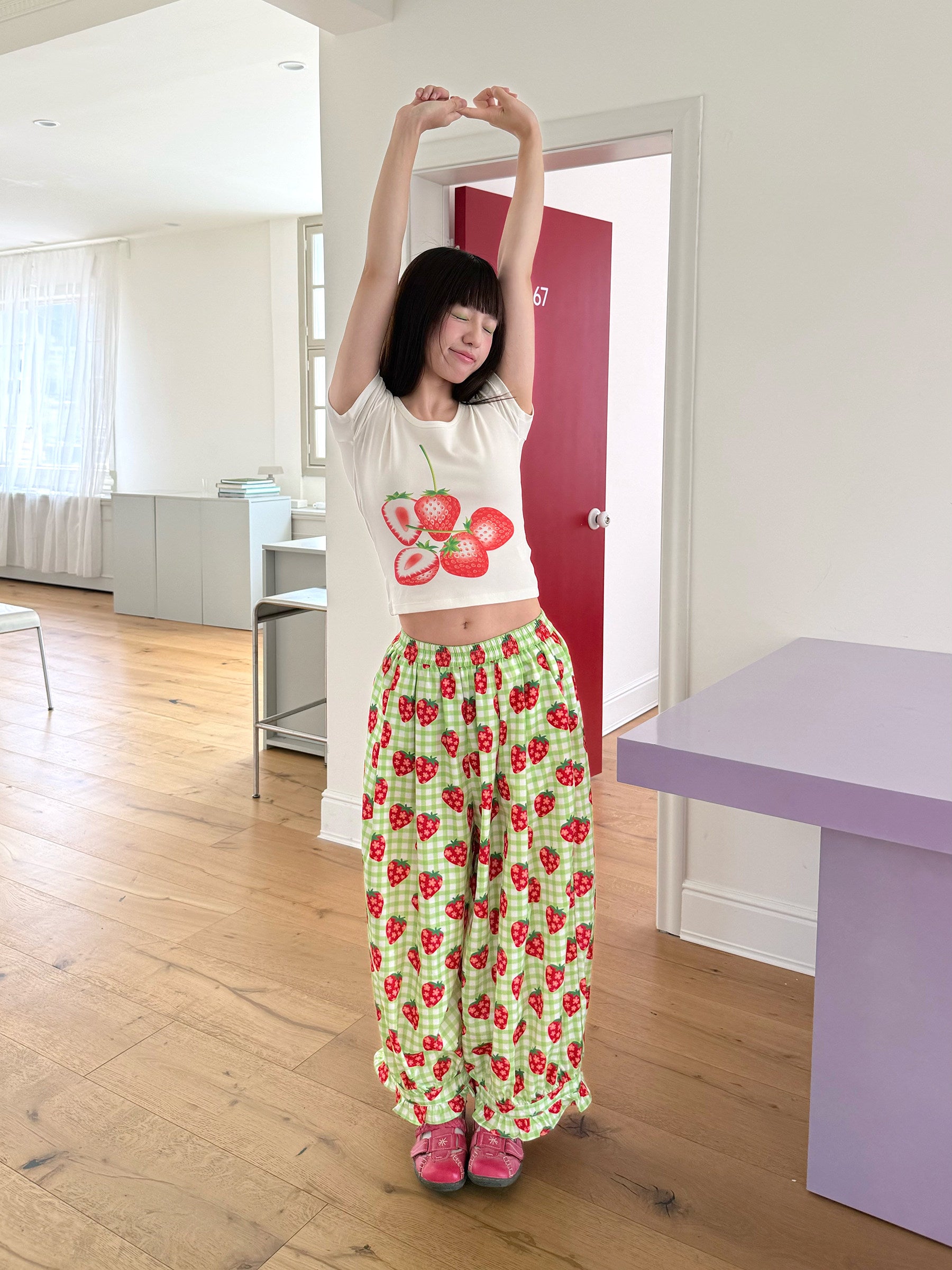 FRUITS - Strawberry Plaid Wide Leg Pants | Kawaii Japanese Streetwear Trousers pants Fruits