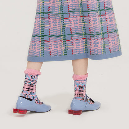 tntntutu Decora Kei Socks | Pink & Black Plaid Socks | Ruffle Bubble Mid-Calf Socks sock tntntutu