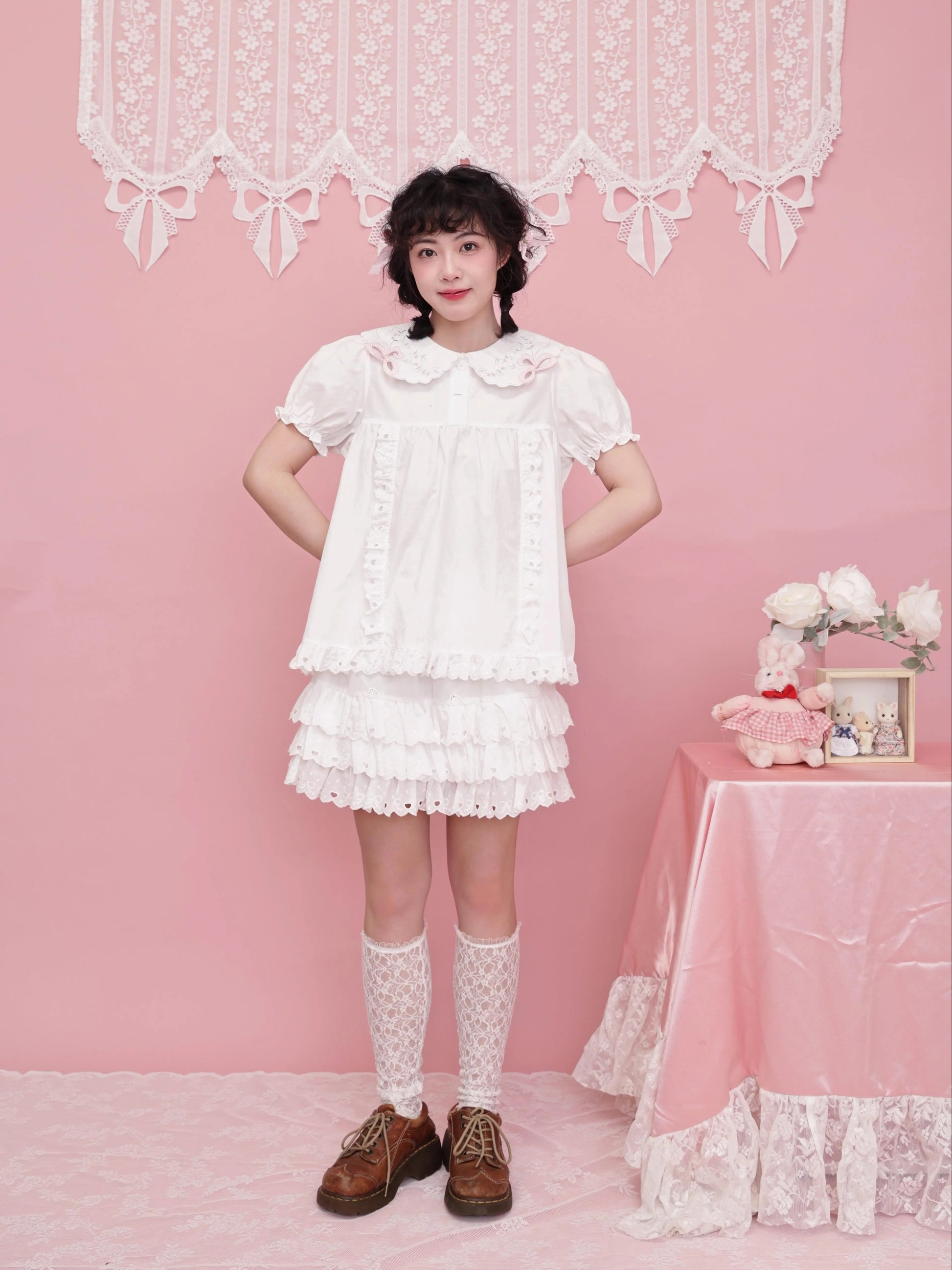 SemenCoicis – French Coquette Lace Bow Tiered Cotton Mini Skirt skirt SemenCoicis