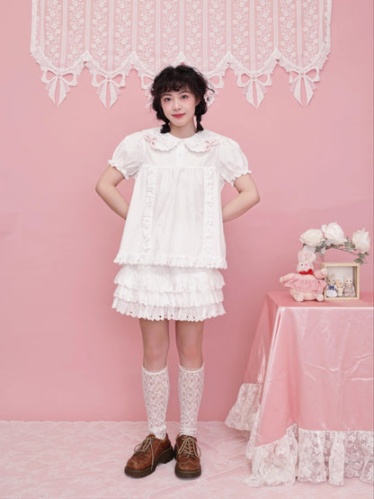 SemenCoicis – French Coquette Lace Bow Tiered Cotton Mini Skirt skirt SemenCoicis