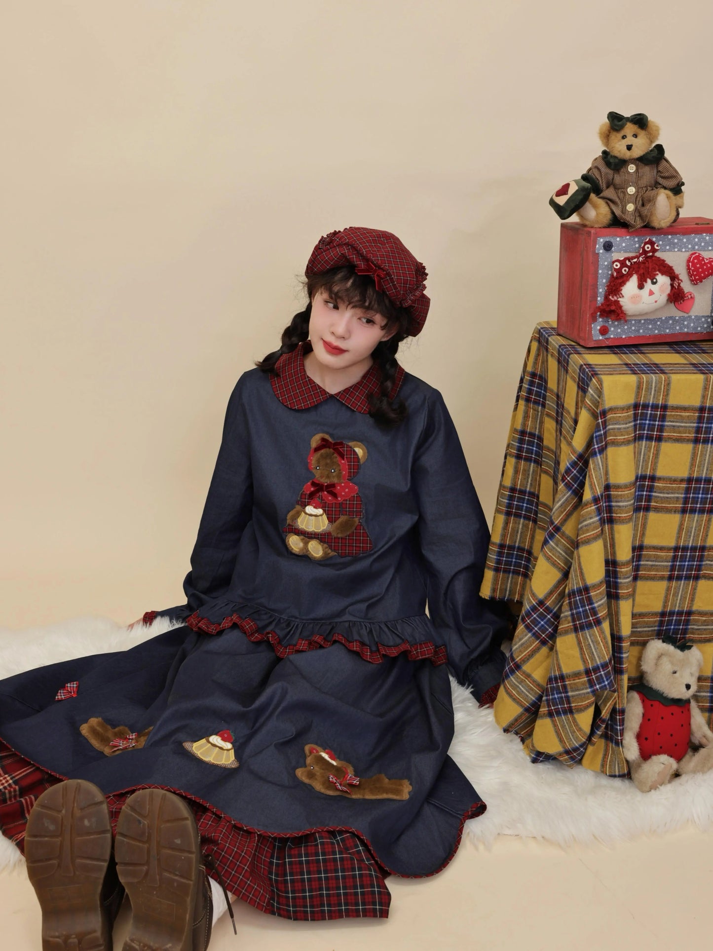 SemenCoicis - Kawaii Denim Shirt Plaid Lace Pudding Bear blouse SemenCoicis