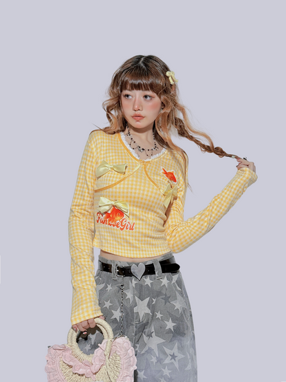 FANLOVEGIRL - Yellow Plaid Bow Embroidered Top shirt FANLOVEGIRL