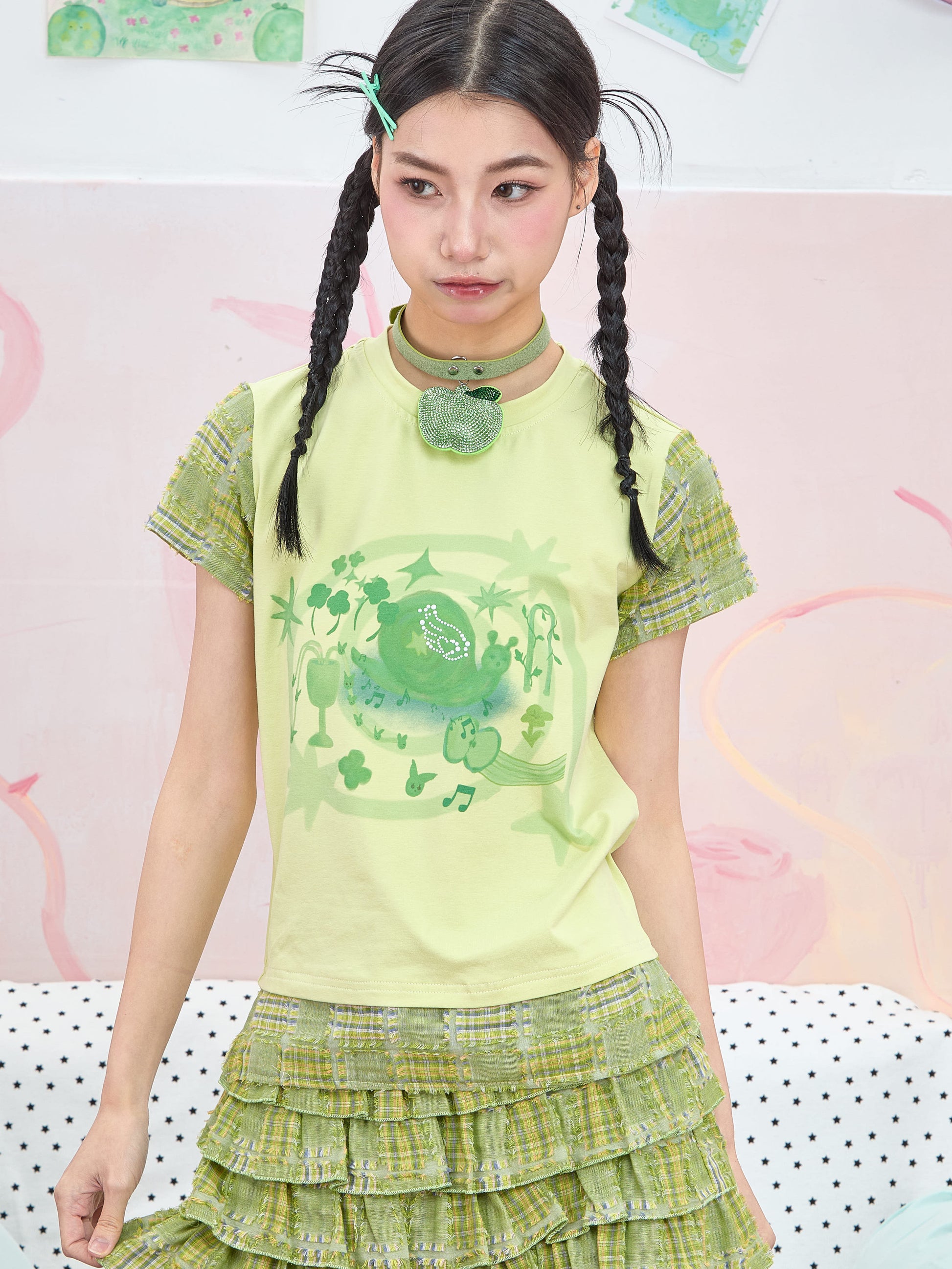 Moon Meadow - Y2K Cute Snail Print Green Contrast T-Shirt tshirt Moon Meadow