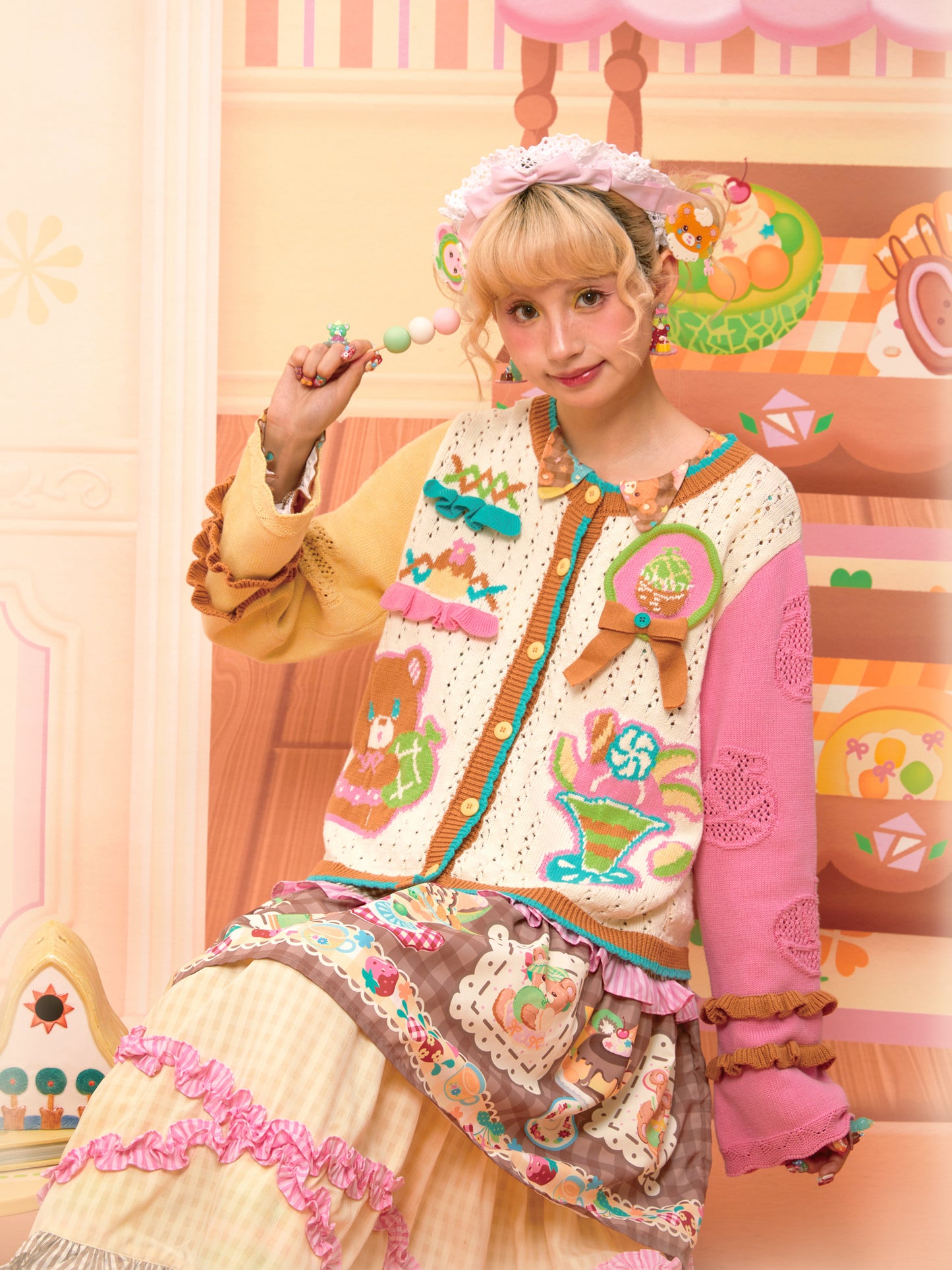 Lutra Jump - Decora Kei Beige Melon Knit Cardigan cardigan Lutra Jump