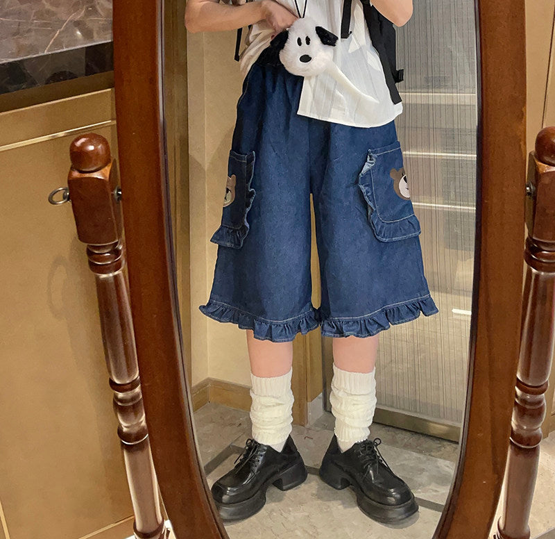 Naive – Embroidered Bear Denim Shorts pants Naive