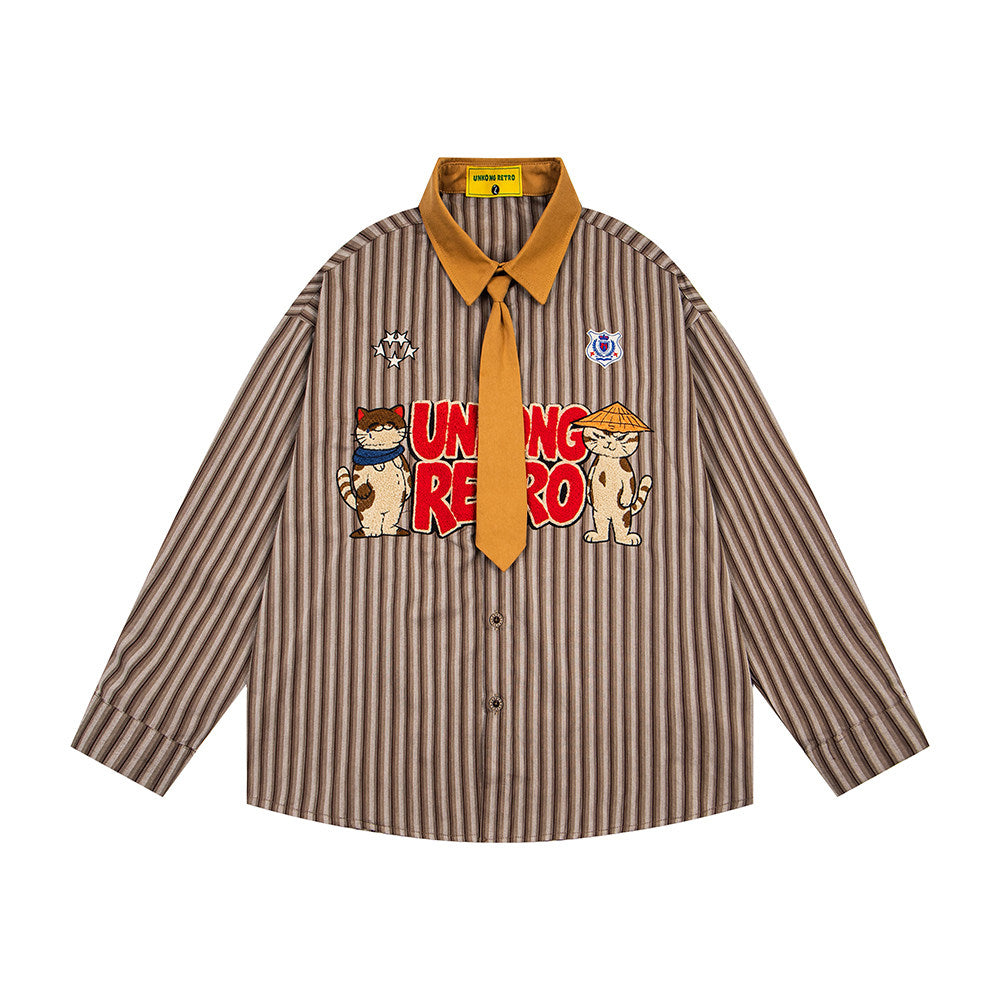 BIBULU - Japanese Cartoon Embroidered Stripe Shirt shirt BIBULU Brown M