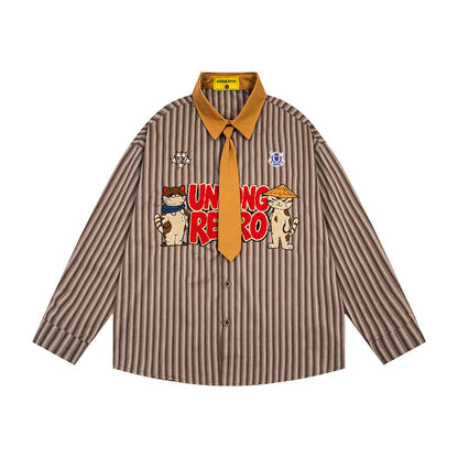 BIBULU - Japanese Cartoon Embroidered Stripe Shirt shirt BIBULU Brown M