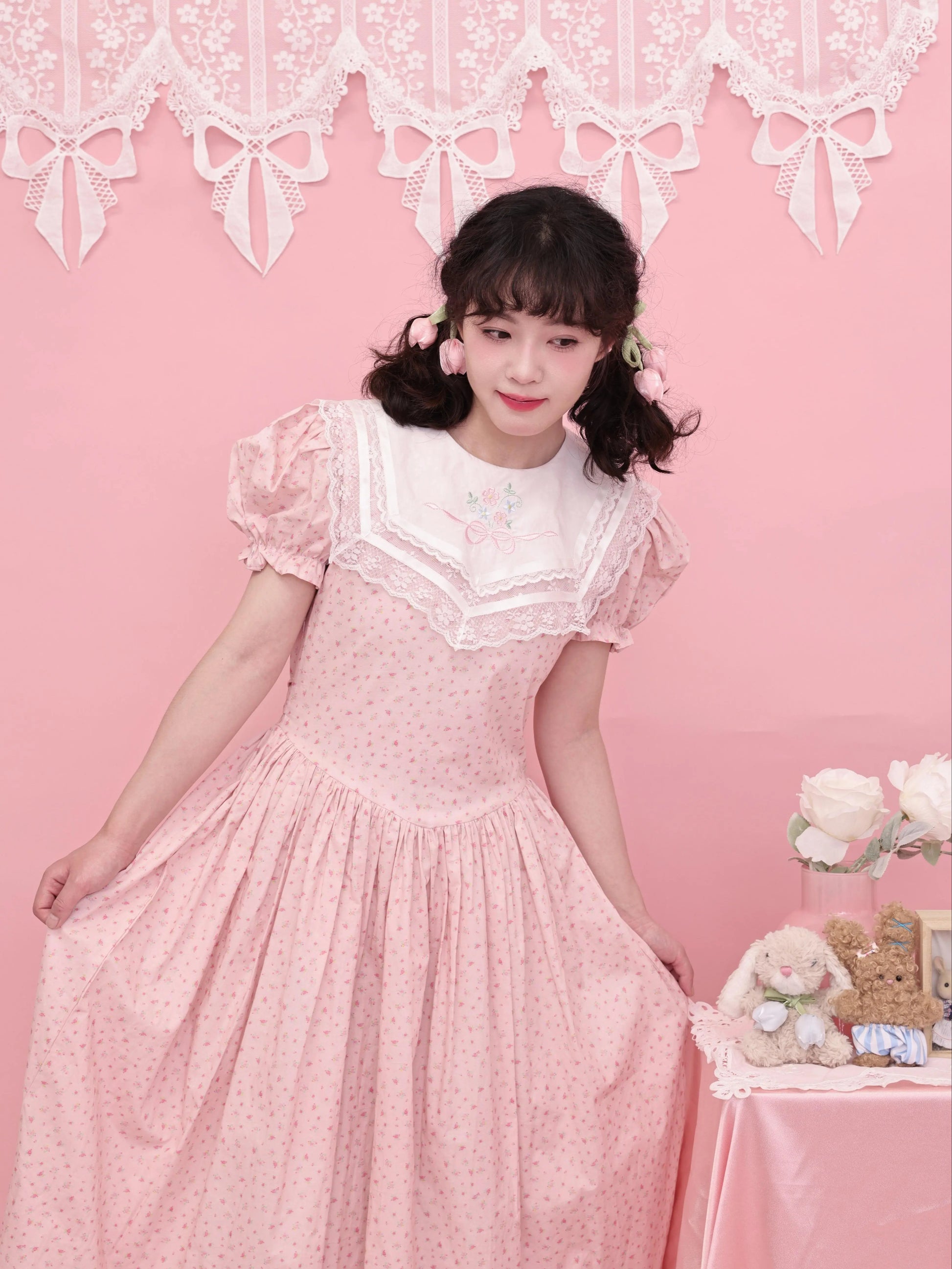 pink sailor dress Wide Sailor Collar Front Bow Tie Shift Dress Pink