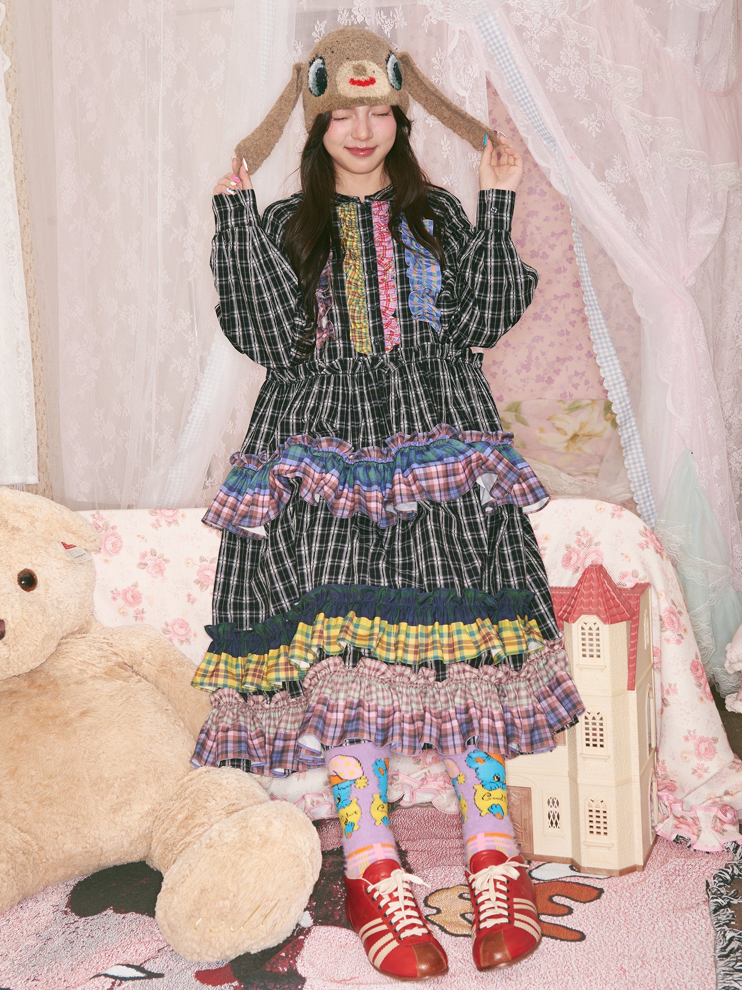 tntntutu - Dopamine Colorblock Plaid Dress Kawaii Ruffle Wave Hem Dress dress tntntutu