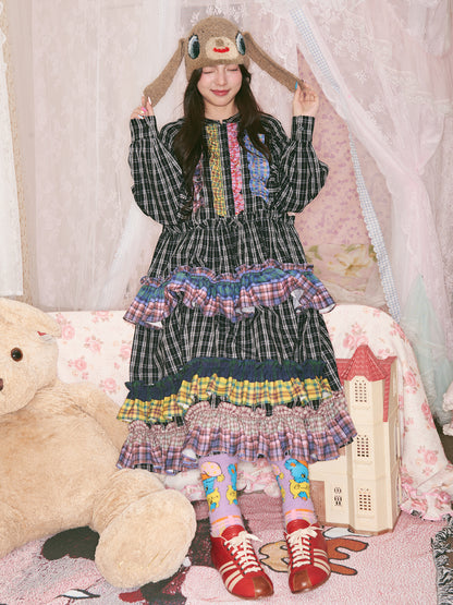 tntntutu - Dopamine Colorblock Plaid Dress Kawaii Ruffle Wave Hem Dress dress tntntutu