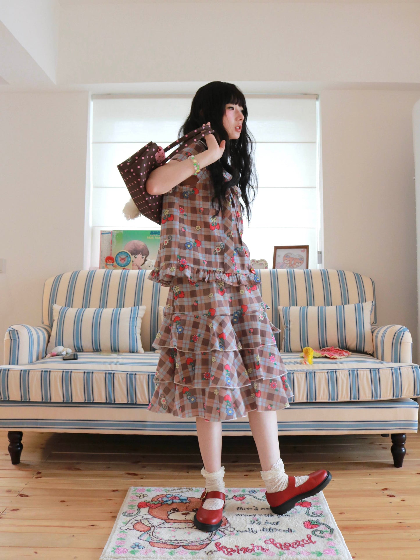 KaiXin Hostel - Strawberry Plaid Bow Shirt Set set KaiXin hostel