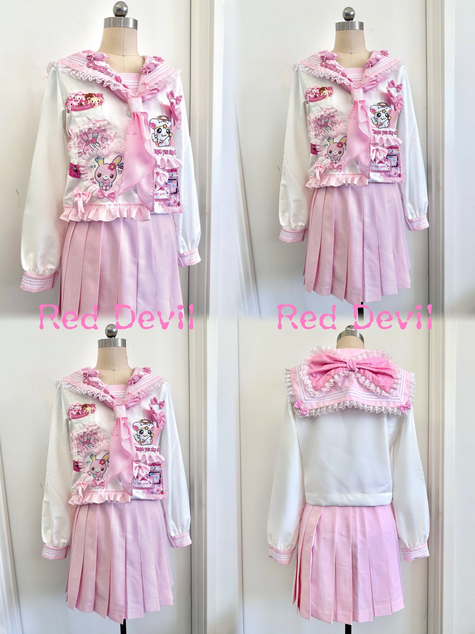 Red Devil Set Decora Kei Jacket Skirt Harajuku Lace Bow Sailor Set set Red Devil