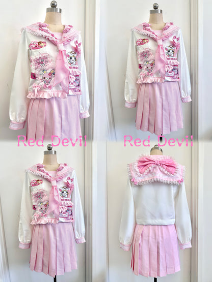 Red Devil Set Decora Kei Jacket Skirt Harajuku Lace Bow Sailor Set set Red Devil