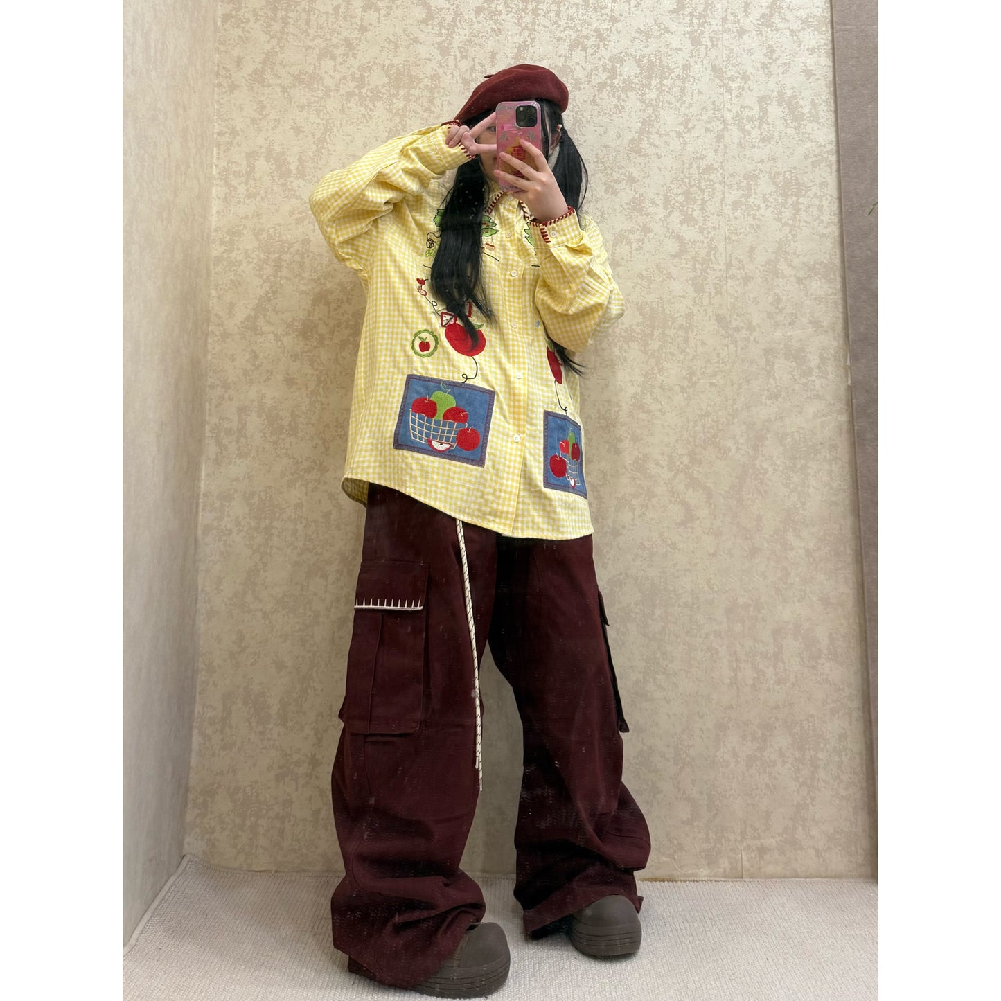 BIBULU - Kidcore Apple Embroidery Plaid Shirt shirt BIBULU