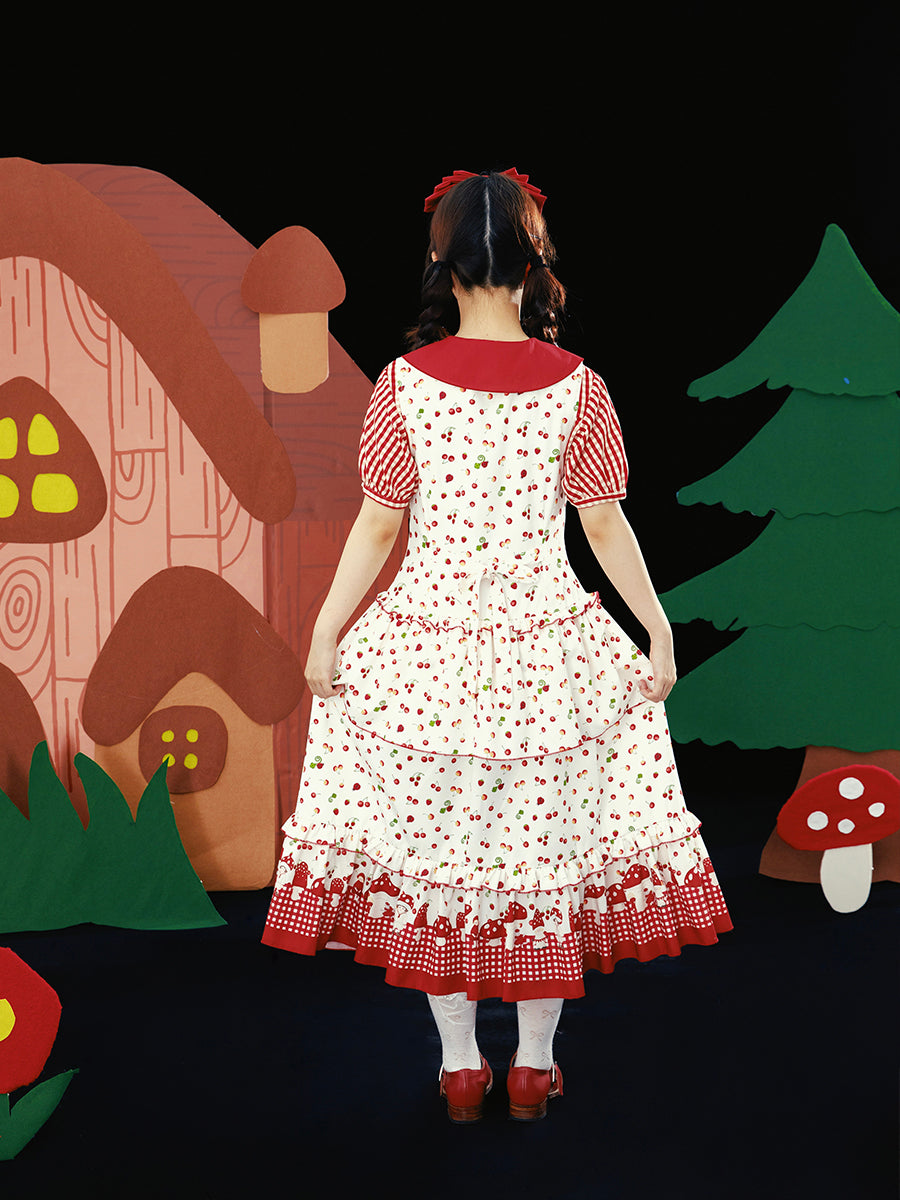 Meugler - Kawaii Red Mushroom & Berry Plaid Ruffle Midi Dress