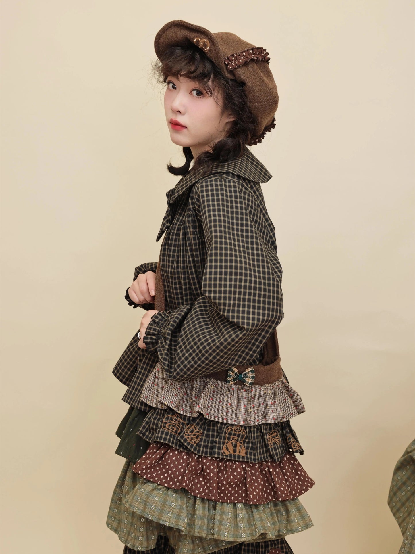 SemenCoicis - Kawaii Vintage Patchwork Plaid & Floral Wool Crossbody Bag bag SemenCoicis