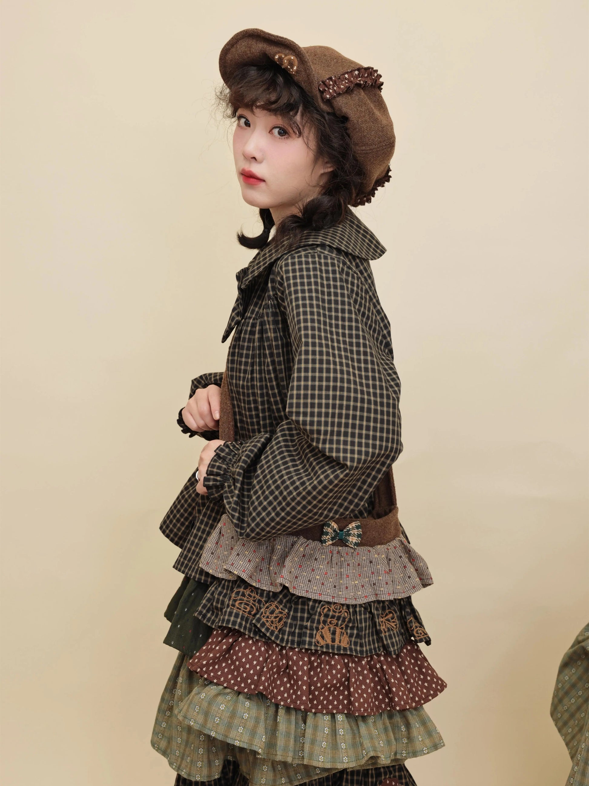 SemenCoicis - Kawaii Vintage Patchwork Plaid & Floral Wool Crossbody Bag bag SemenCoicis