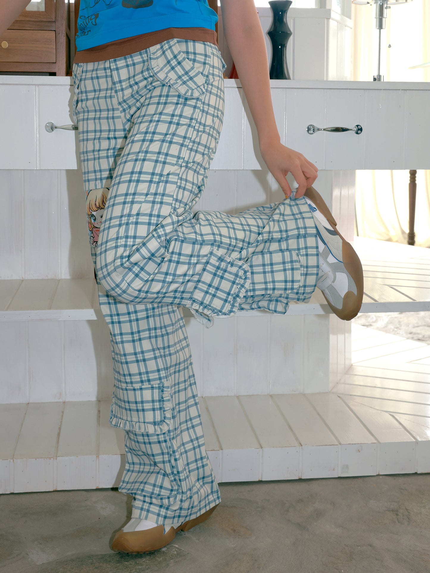 tntntutu Wide-Leg Straight Trousers | Harajuku Plaid Lace Pocket Cargo Pants pants tntntutu