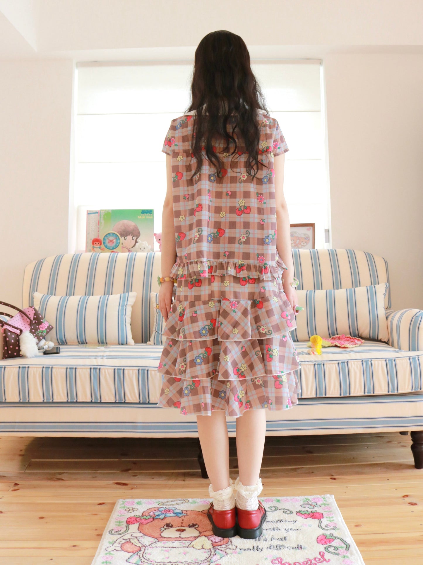 KaiXin Hostel - Strawberry Plaid Bow Shirt Set set KaiXin hostel