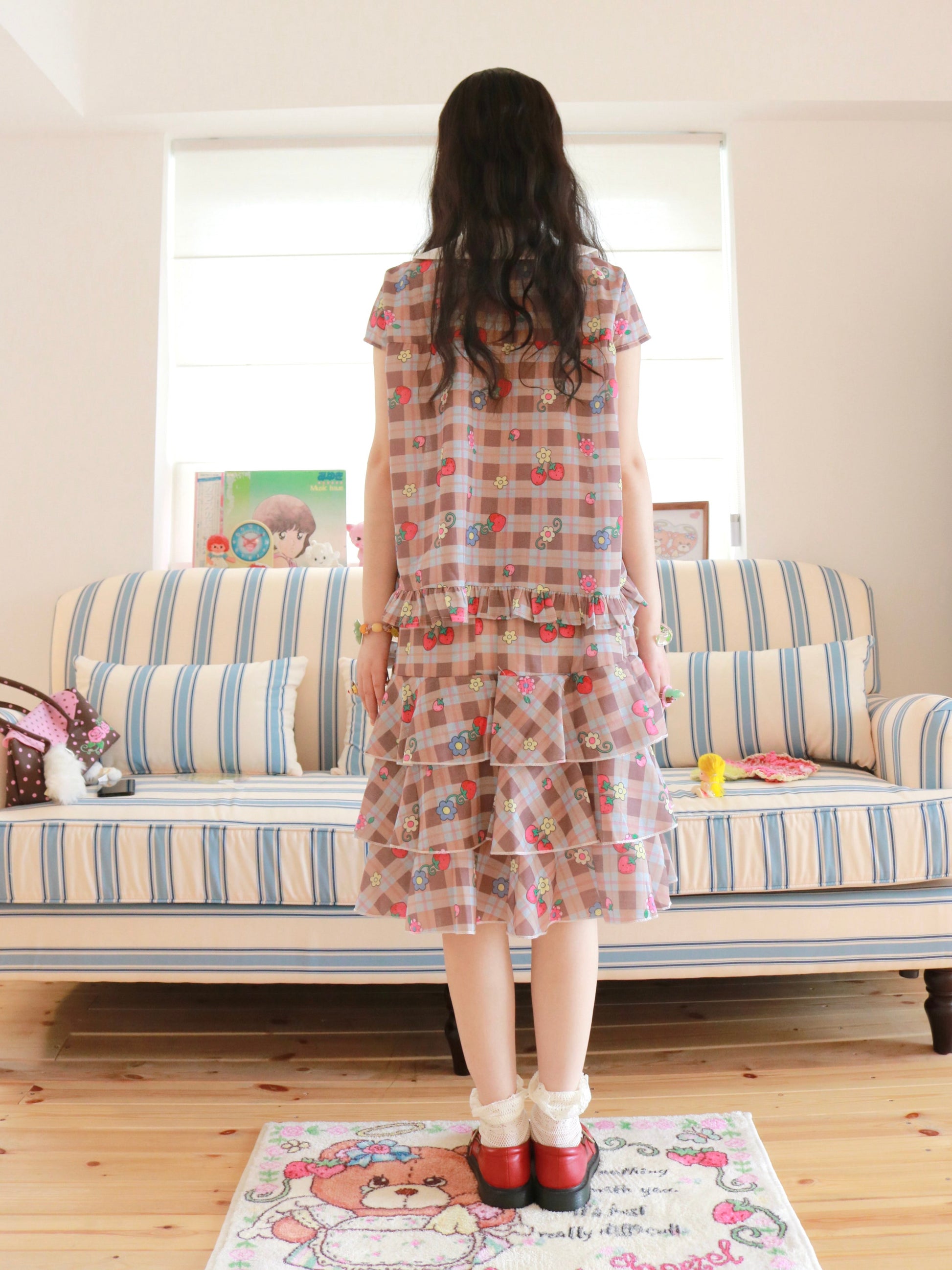 KaiXin Hostel - Strawberry Plaid Bow Shirt Set set KaiXin hostel