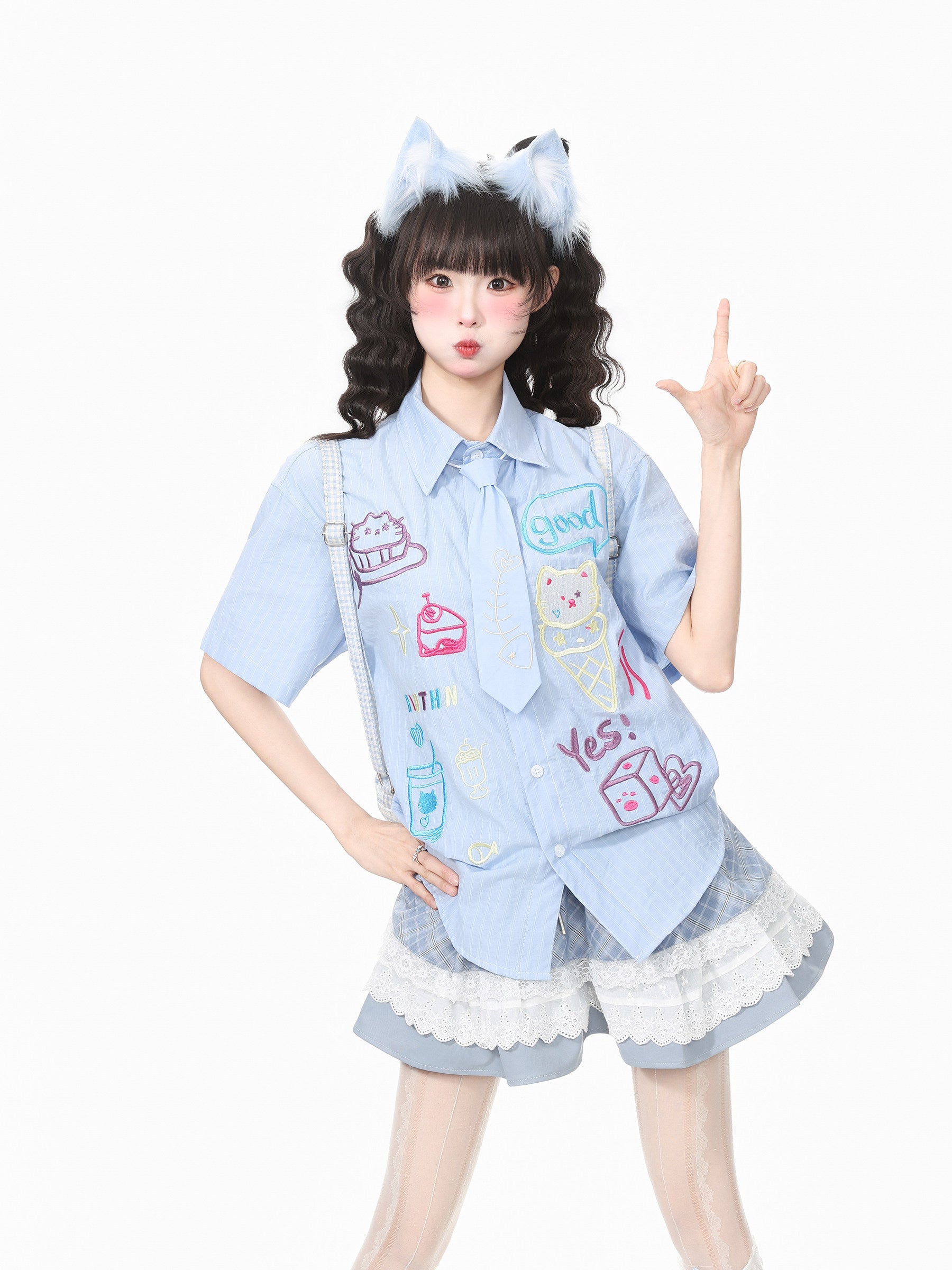 Languid Park - Cat Embroidery Tie Shirt shirt Languid Park