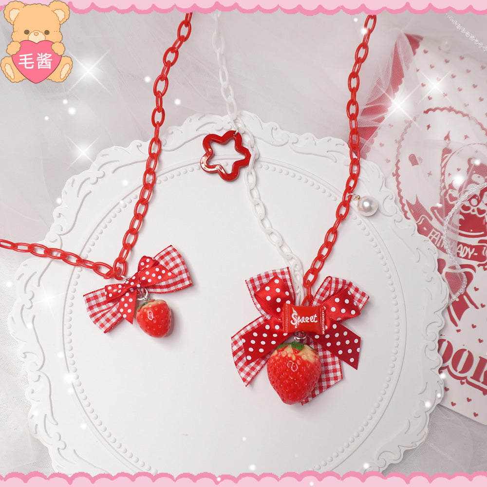 MaoJiang Strawberry Bow Necklace | Kawaii Long Pendant Chain necklace maojiang