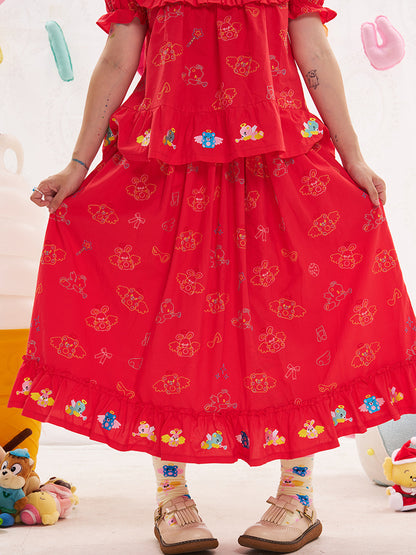 NIKKOU Kawaii Embroidered Red Skirt | Cotton Skirt with Detachable Apron skirt Nikkou home
