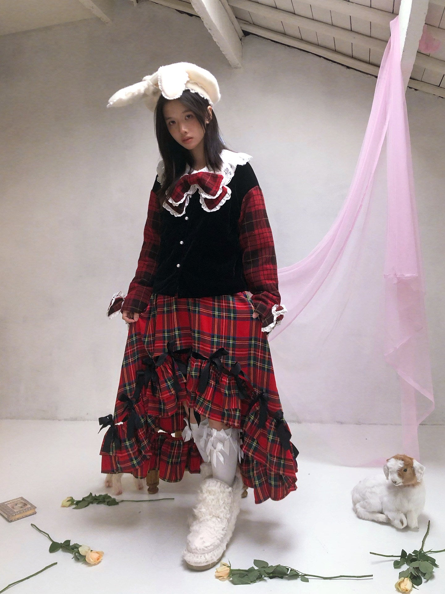 daytoday everyday institute - Red Plaid Velvet Bow Jacket jacket daytoday everyday institute