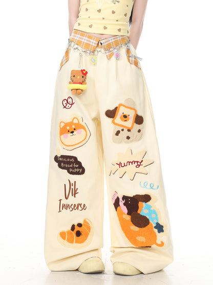 Languid Park - Plaid Applique Dog Wide Leg Jeans pants Languid Park S