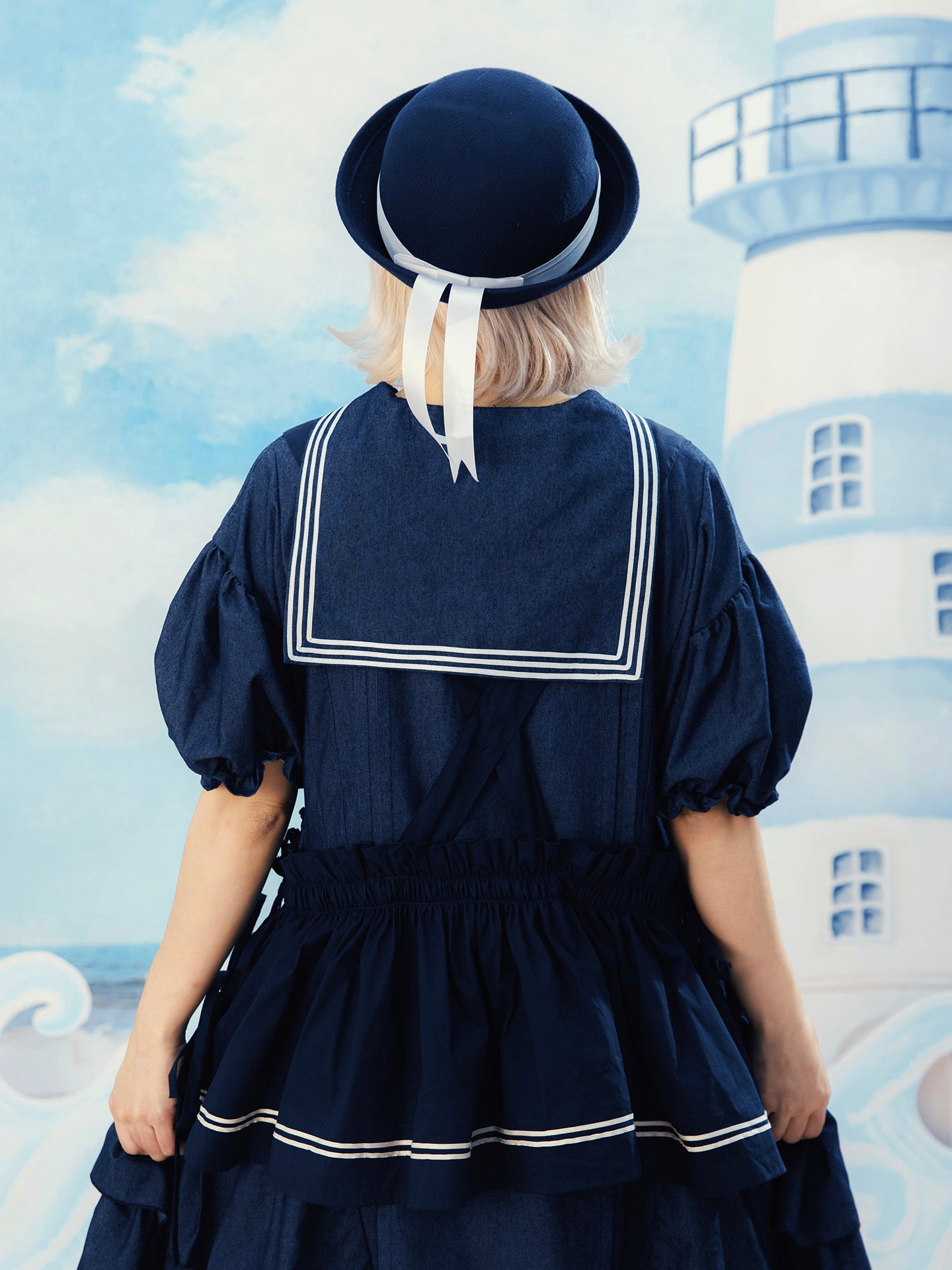 Meugler - Kawaii Apron Dress Navy Sailor Wolf Embroidery Ribbon Dress dress Meugler