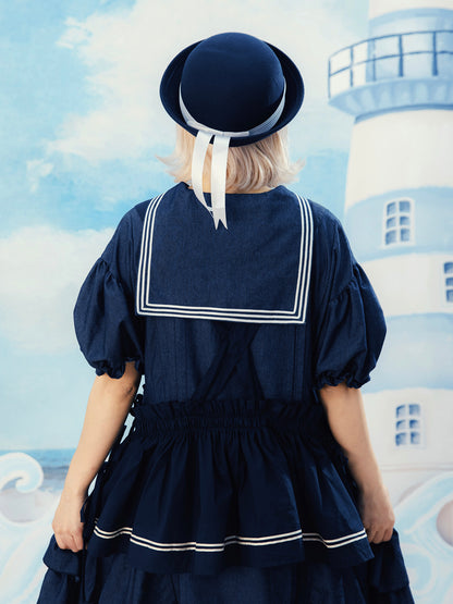 Meugler - Kawaii Apron Dress Navy Sailor Wolf Embroidery Ribbon Dress dress Meugler