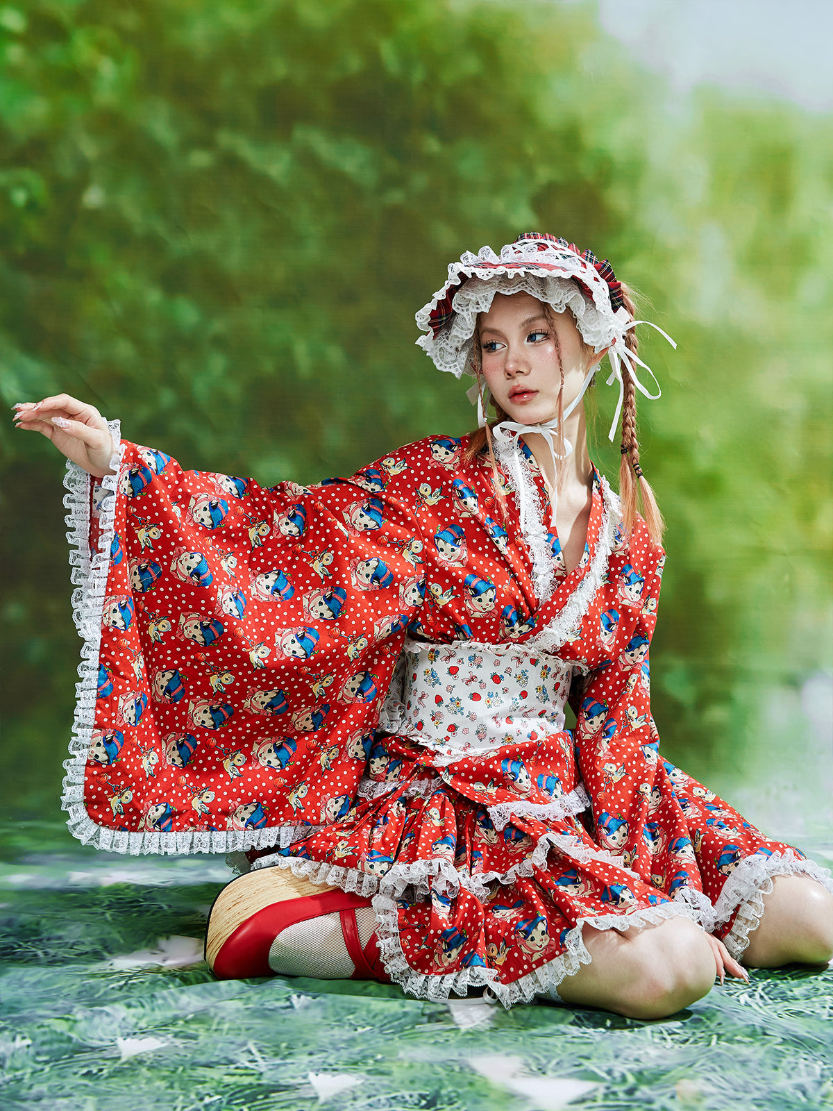 SOS MEME CLUB - Retro Showa Red Kimono Yukata dress SOS MEME CLUB