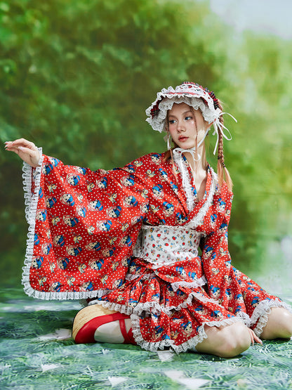 SOS MEME CLUB - Retro Showa Red Kimono Yukata dress SOS MEME CLUB