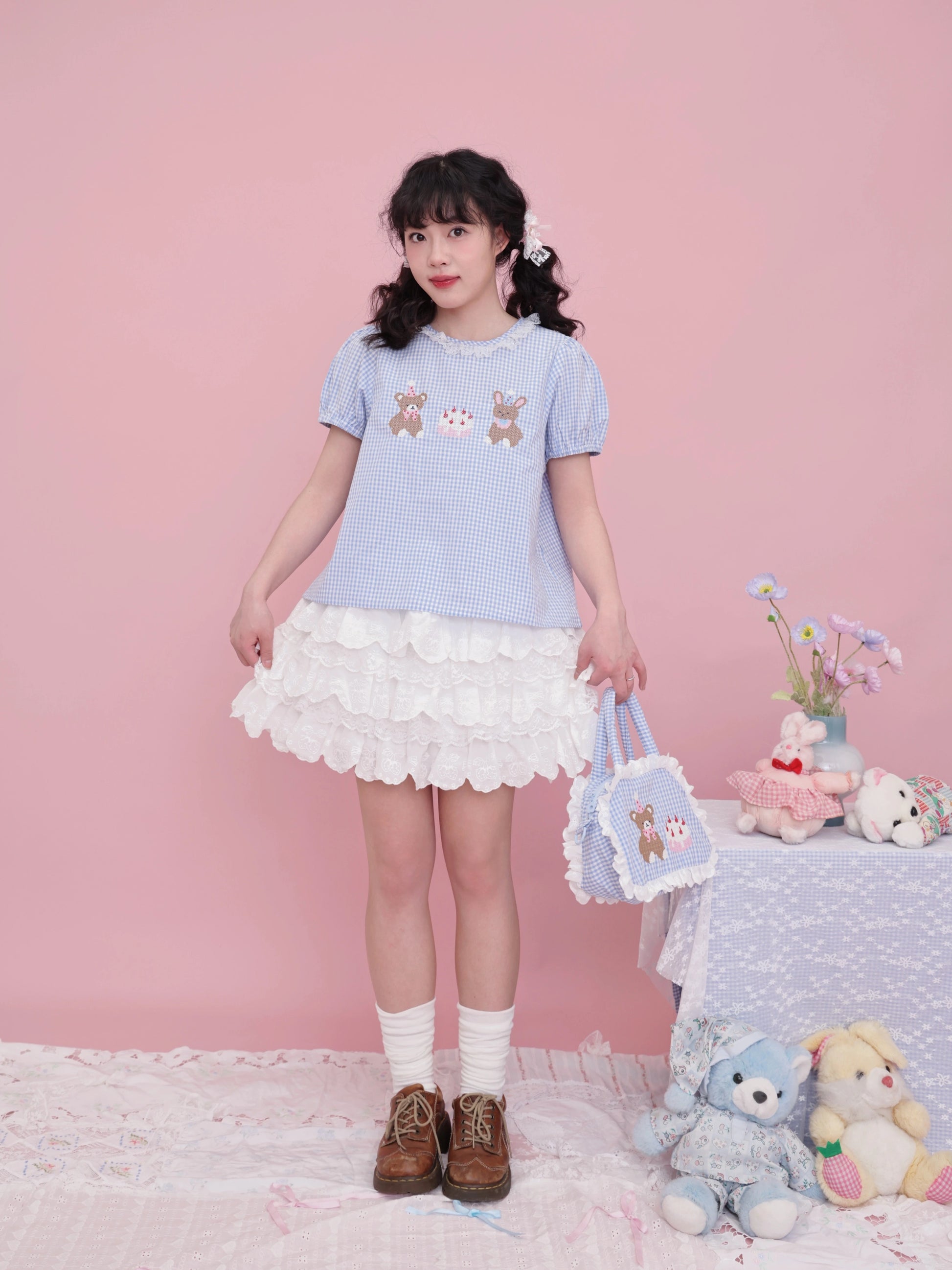 SemenCoicis Sweet Bear Embroidered Shirt | Kawaii Puff Sleeve Plaid Blouse shirt SemenCoicis