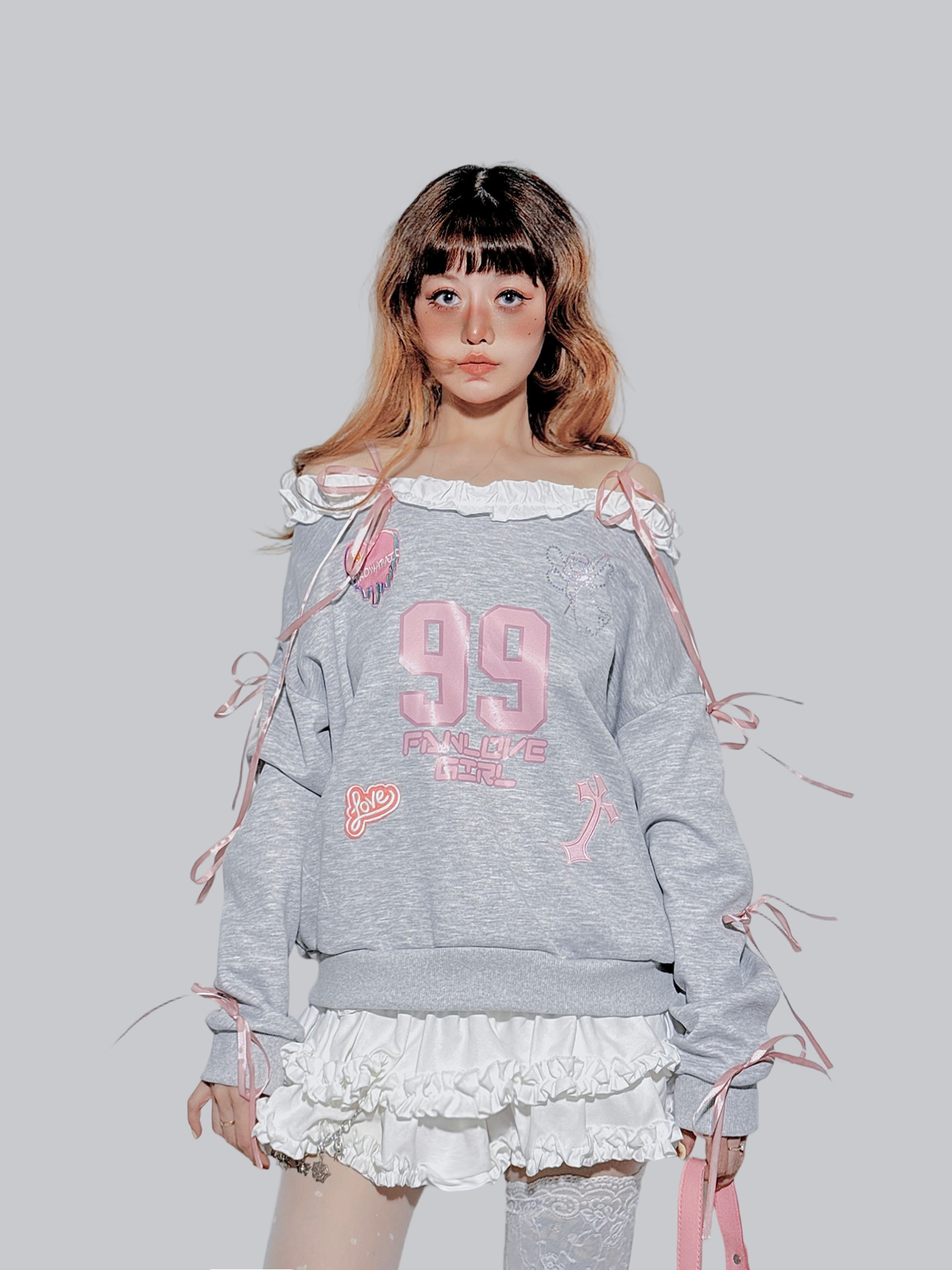 FANLOVEGIRL - Grey/White Off-Shoulder Lace Sweatshirt shirt FANLOVEGIRL
