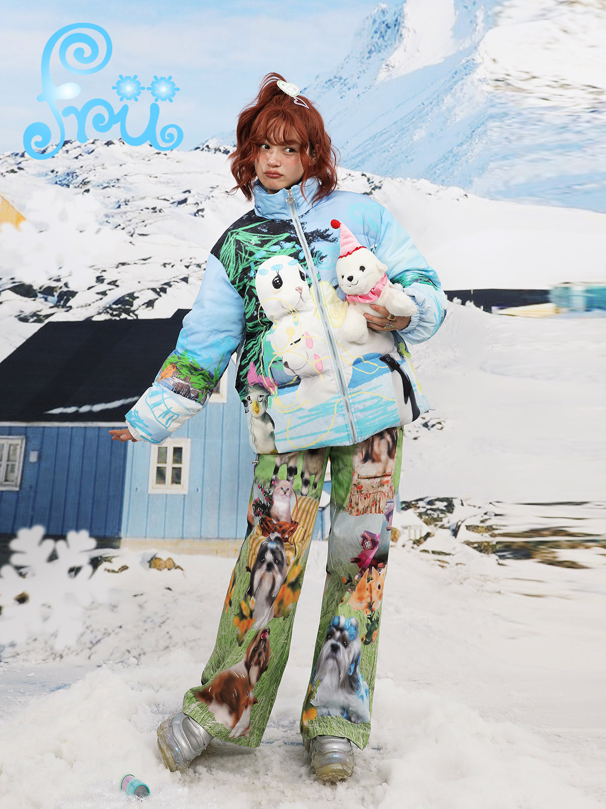 frufru Snow Farm Puffer Jacket | Harajuku Blue Snowman Down Coat