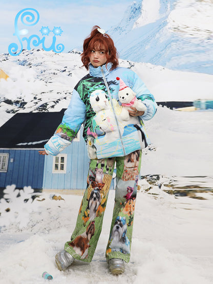 frufru Snow Farm Puffer Jacket | Harajuku Blue Snowman Down Coat