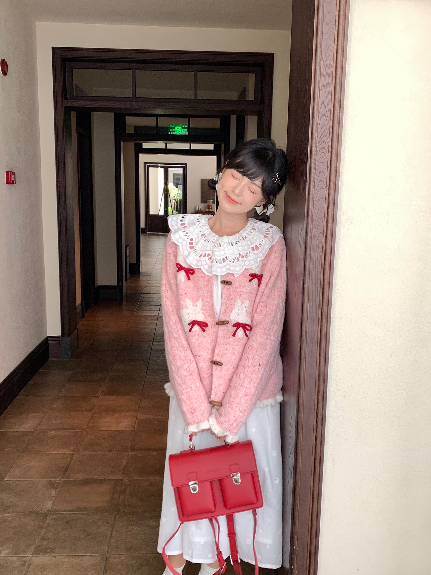 Mameya - Kawaii Bunny Knit Cardigan Pink Bow Cable Sleeve Design cardigan Mameya