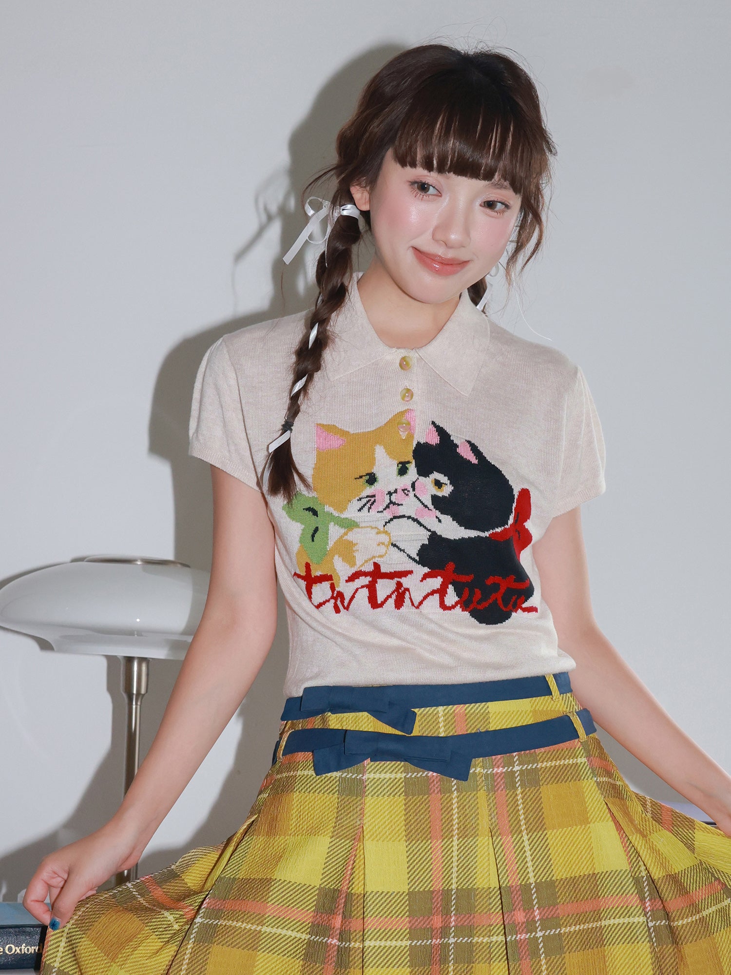 Tntntutu - Kawaii Red White Cat Knit Polo Shirt shirt tntntutu