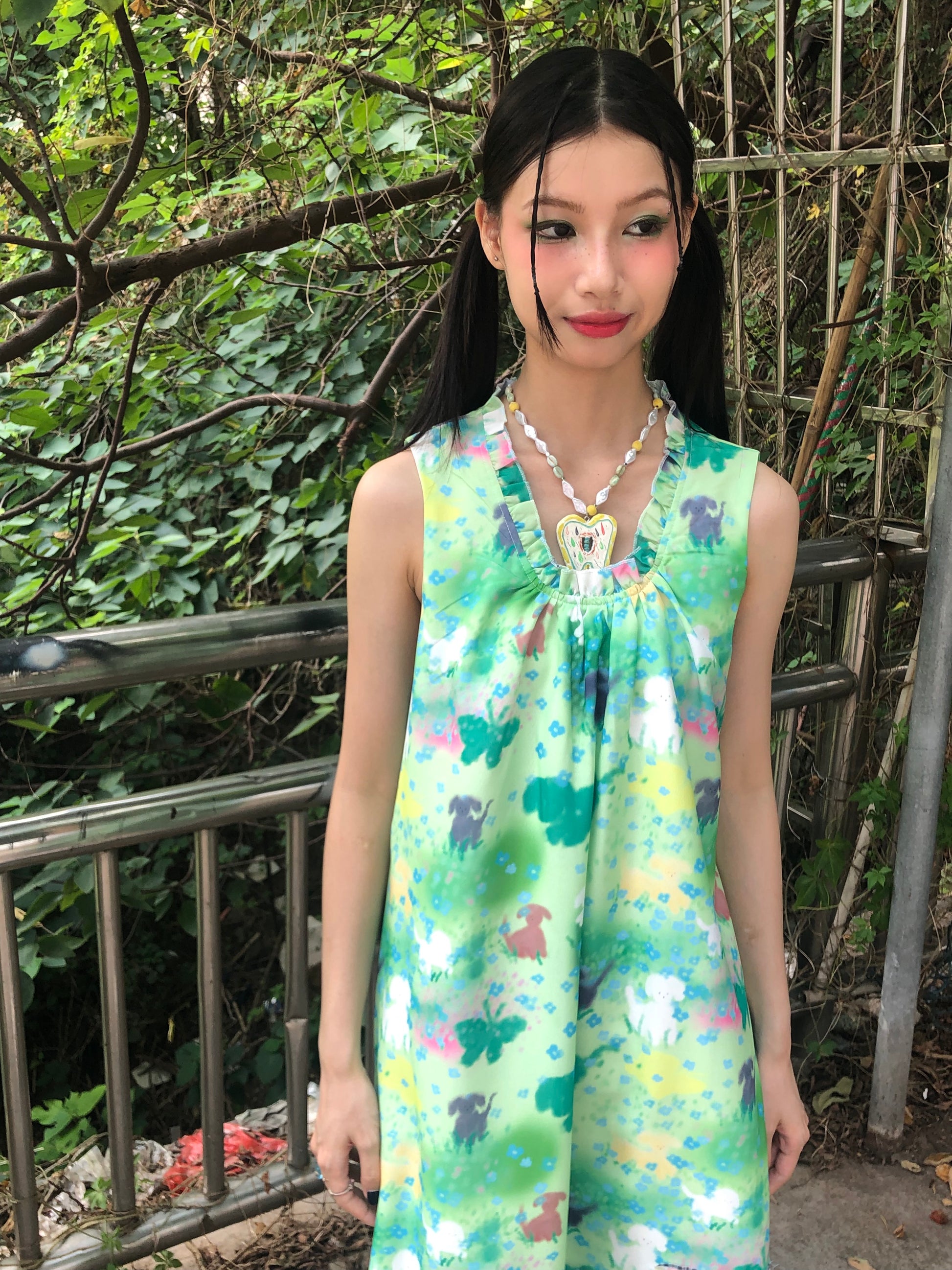 Harajuku Dress Green Sleeveless Dress Hand-painted Print Dress dress Moon Meadow
