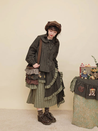 SemenCoicis - Kawaii Vintage Dark Green Plaid Cake Skirt skirt SemenCoicis