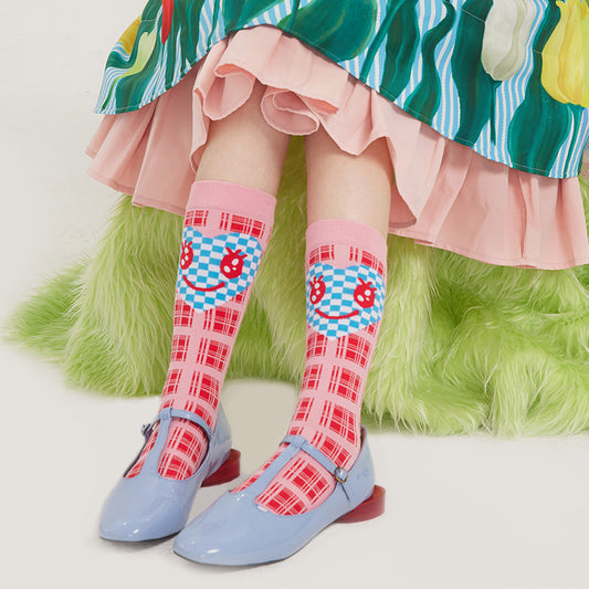 tntntutu Decora Kei Sock | Pink Plaid Heart Smile Socks | Cute Mid-Calf Cotton Socks sock tntntutu