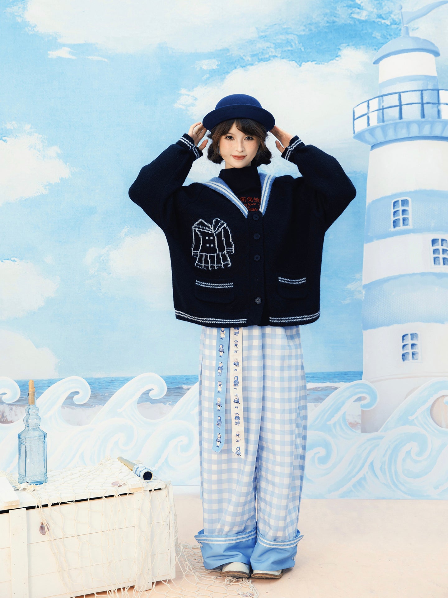 Meugler - Kawaii Wide Leg Pants Blue White Plaid Pants pants Meugler