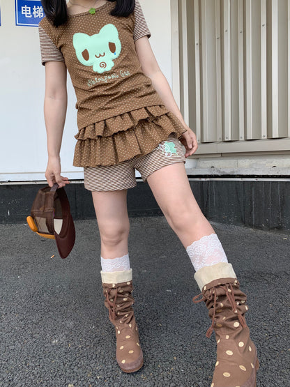 CokoStore - Brown Polka Dot Clover Embroidered Skort skirt coko store