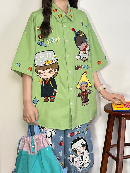 Green Cartoon Embroidered Shirt shirt soldout